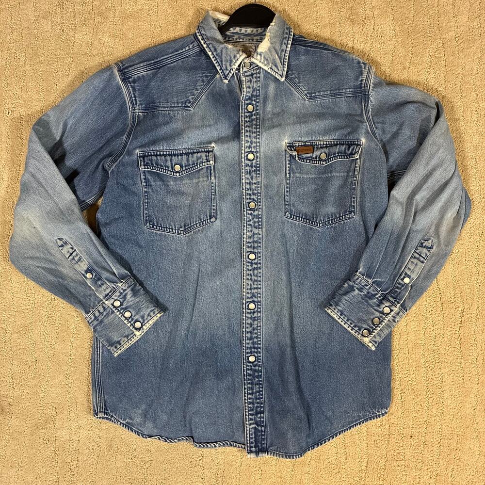 Vintage Carhartt Faded Thrashed Denim Pearl Snap Button Down Men L Workwear